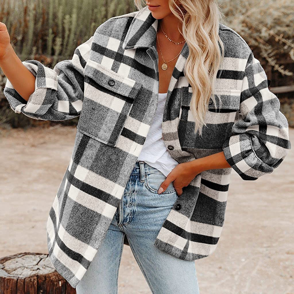 Damen karierte Flanelljacke mit lässigem Schnitt und aufgesetzten Taschen Drune