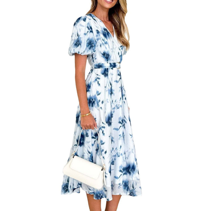 Damen Midikleid mit tailliertem Schnitt, voluminösen Ärmeln und elegantem Wellenmuster Drune