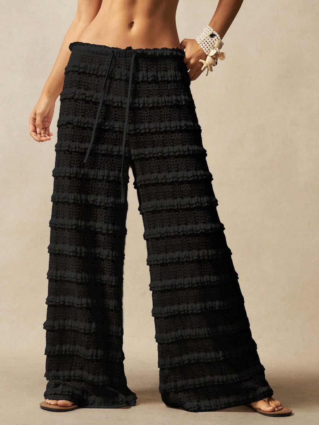 Damen Weite Spitzen-Hose mit Stufenvolants, Smokbund und Kordelzug Drune