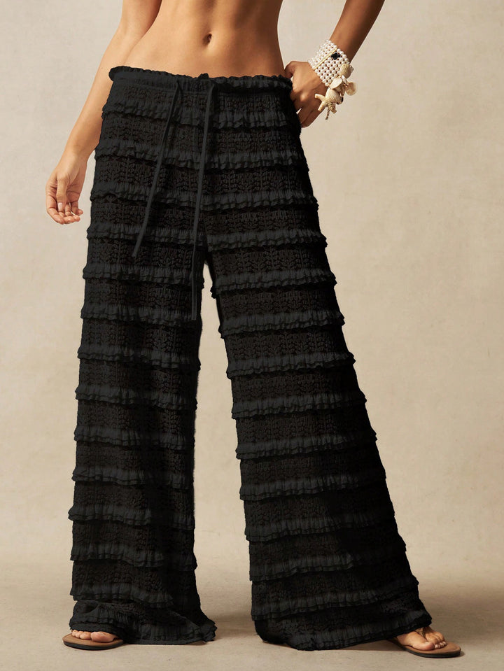 Damen Weite Spitzen-Hose mit Stufenvolants, Smokbund und Kordelzug Drune