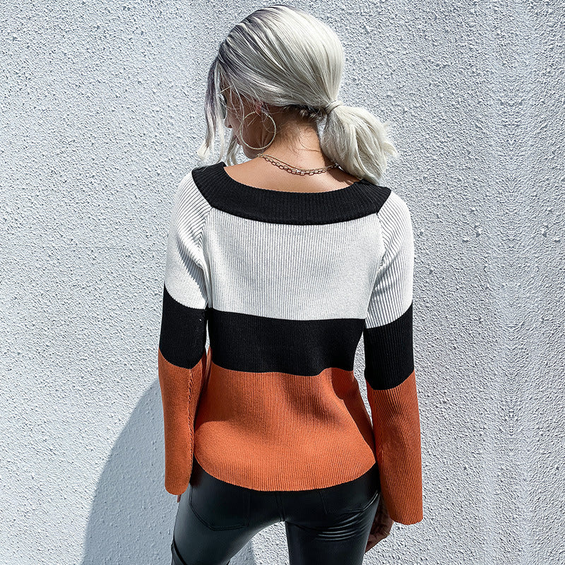Damen Feinstrickpullover mit Blockstreifen, U-Boot-Ausschnitt und Glockenärmeln Drune