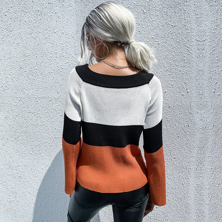 Damen Feinstrickpullover mit Blockstreifen, U-Boot-Ausschnitt und Glockenärmeln Drune