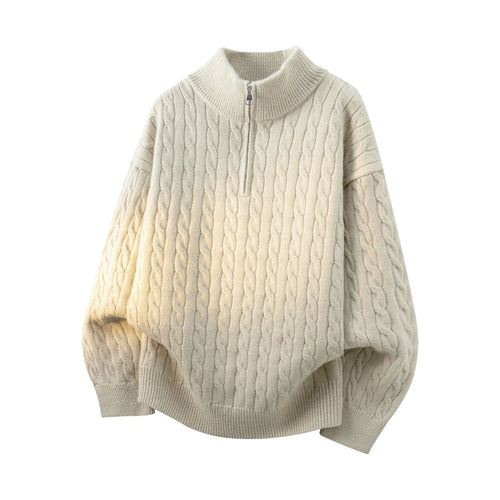 Damen Grobgestrickter Half-Zip Pullover mit Zopfmuster und Stehkragen Drune