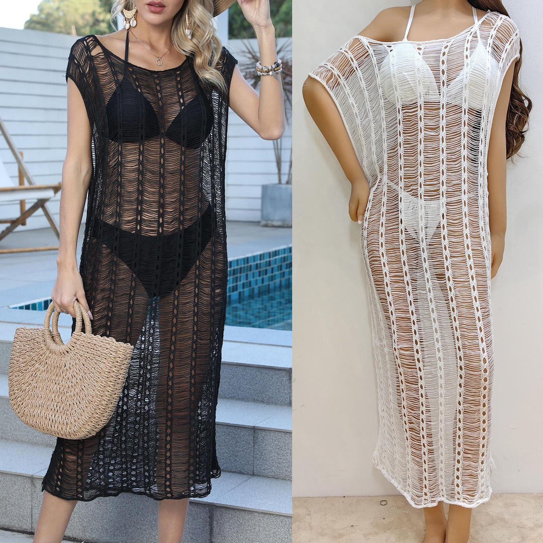Damen transparenter Häkelstrandüberwurf mit fransigen Details Drune
