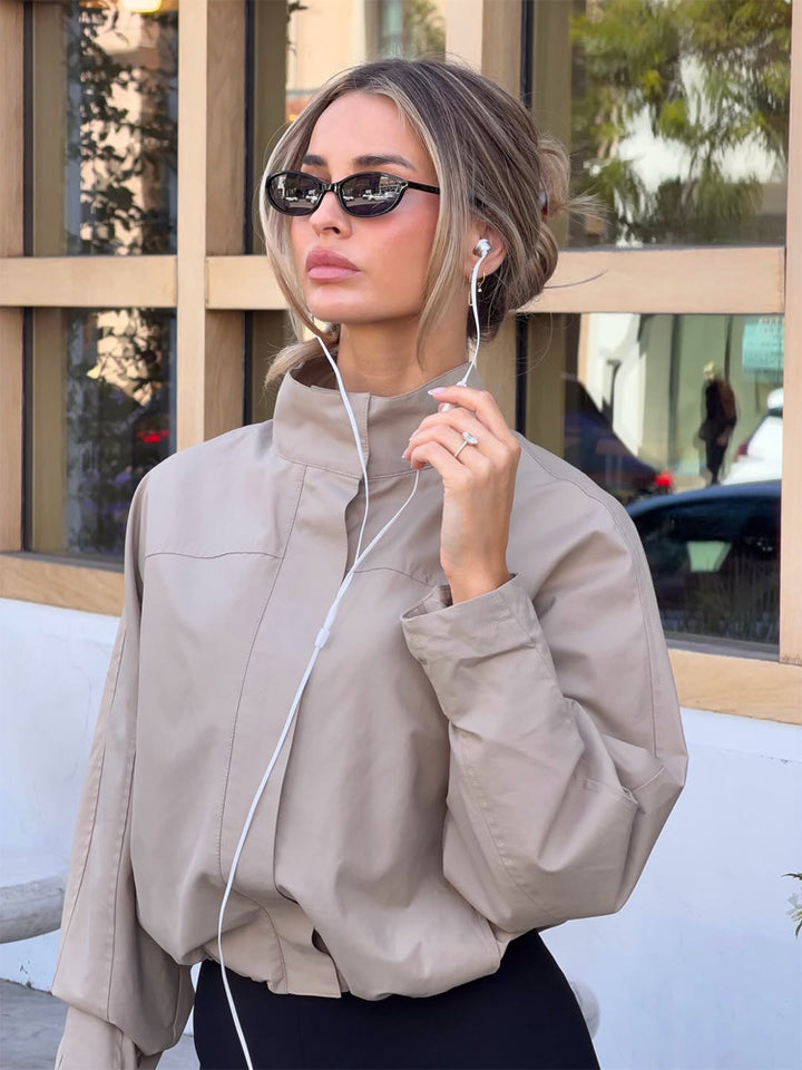Damen Leichte Cropped-Utility-Jacke mit Stehkragen, verdeckter Knopfleiste und elastischem Saum Drune