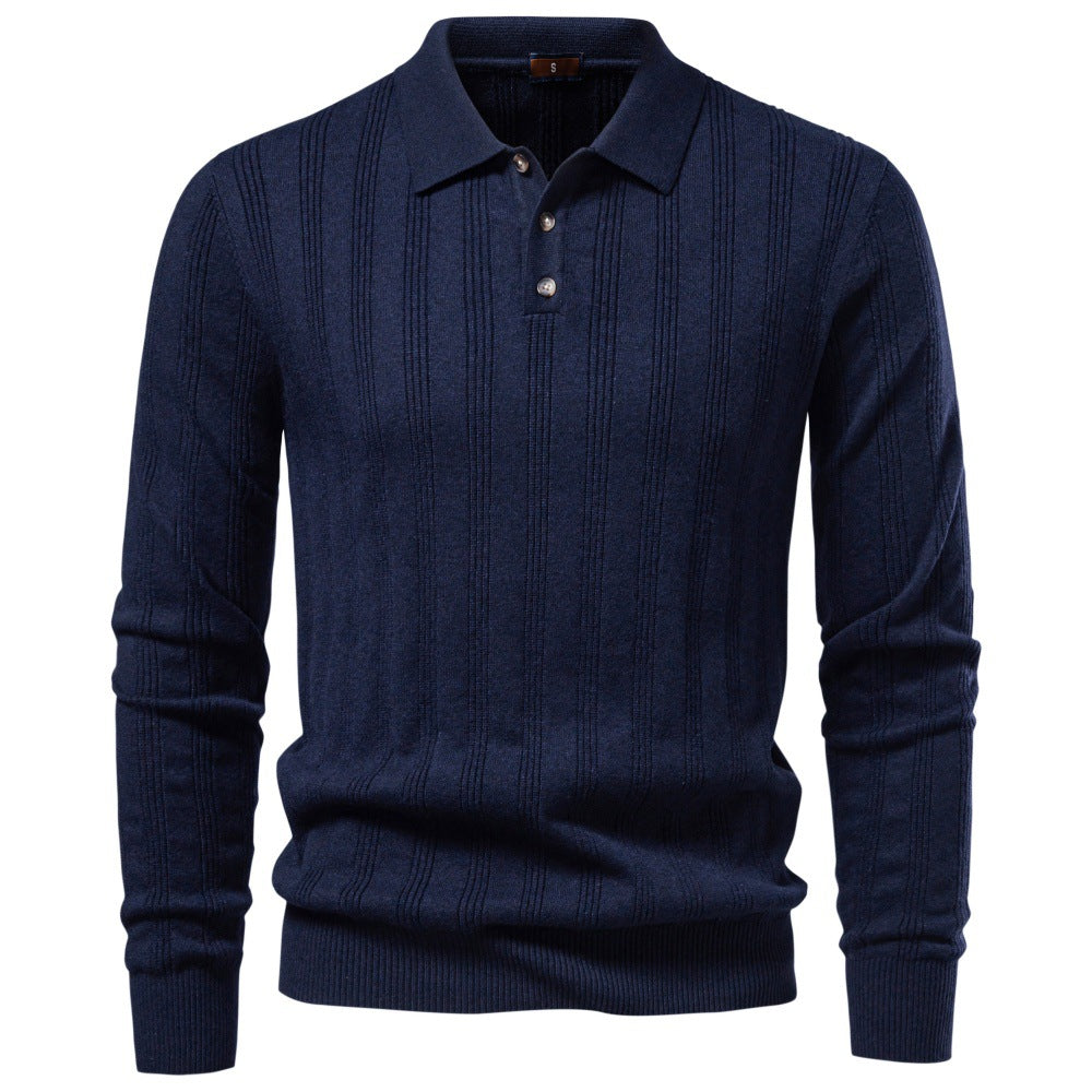 Herren Langarm-Feinstrick-Poloshirt mit Strukturstreifen und geripptem Saum Drune