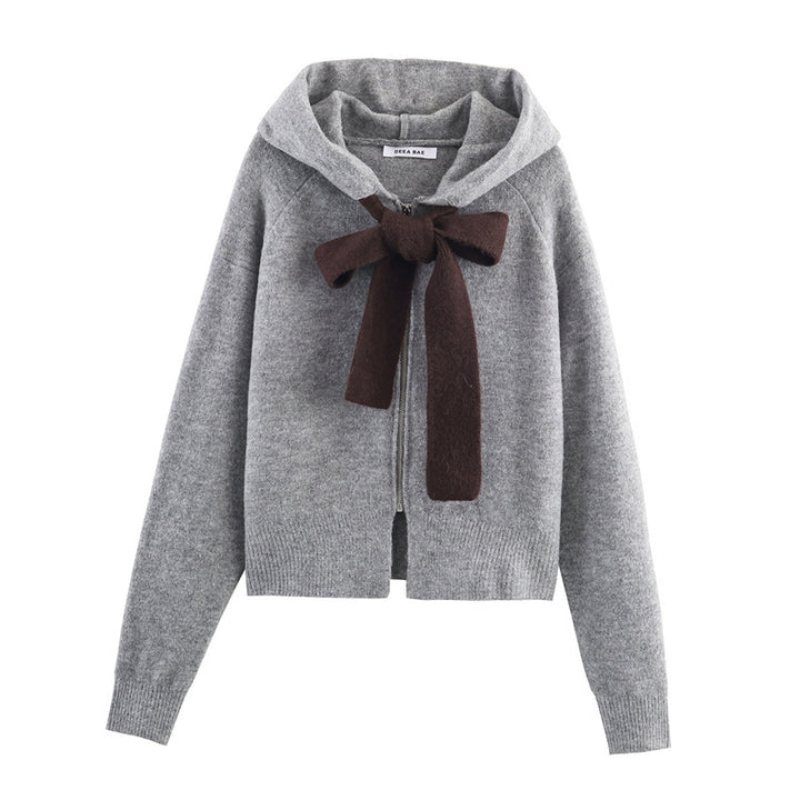 Damen modischer Strickpullover mit Kapuze und dekorativem Bindeband Drune