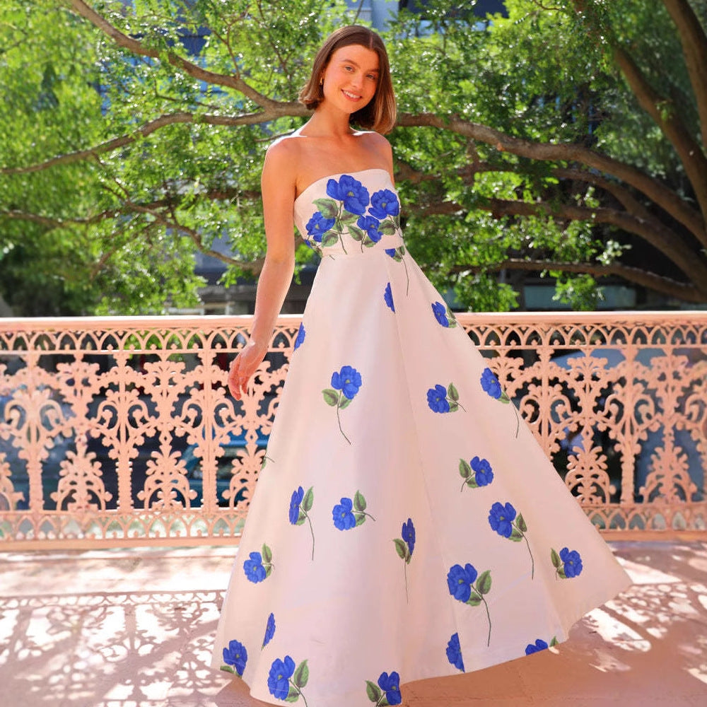 Damen Ballkleid mit floralem Oberteil und schwingendem Rock Drune