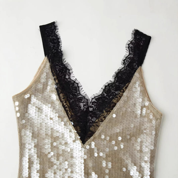 Damen glamouröses Abendkleid mit Pailletten und Spitzenverzierung Drune