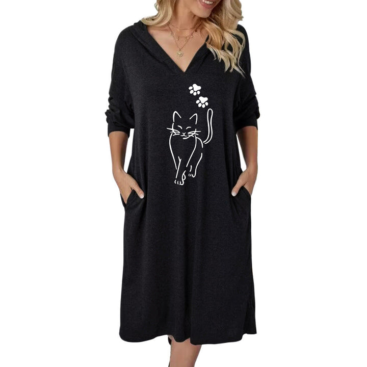 Damen Kapuzenkleid mit süßem Katzenmotiv und praktischen Taschen Drune