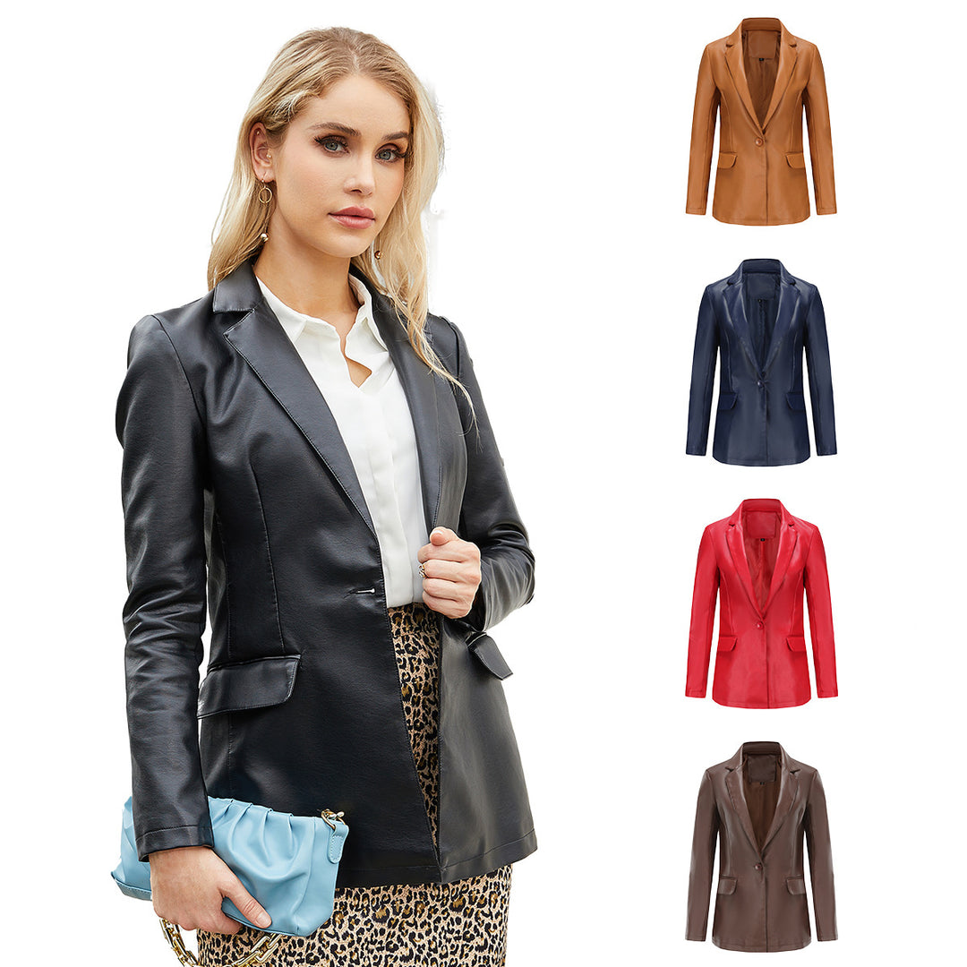 Damen nan taillierter Blazer aus Kunstleder mit Reverskragen und Pattentaschen Drune