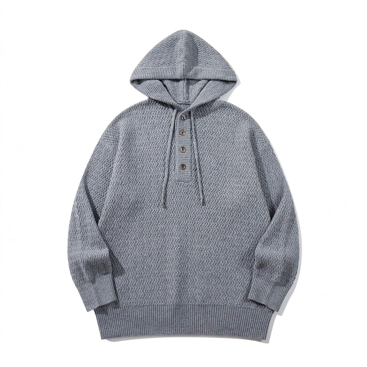 Unisex Strukturierter Kapuzen‑Strickpullover mit Henley‑Knopfleiste Drune