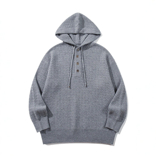 Unisex Strukturierter Kapuzen‑Strickpullover mit Henley‑Knopfleiste Drune