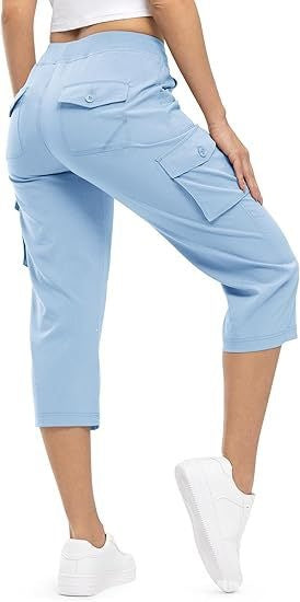 Damen Capri Cargo-Hosen in Bermuda-Länge mit hoher Taille und aufgesetzten Klappentaschen Drune