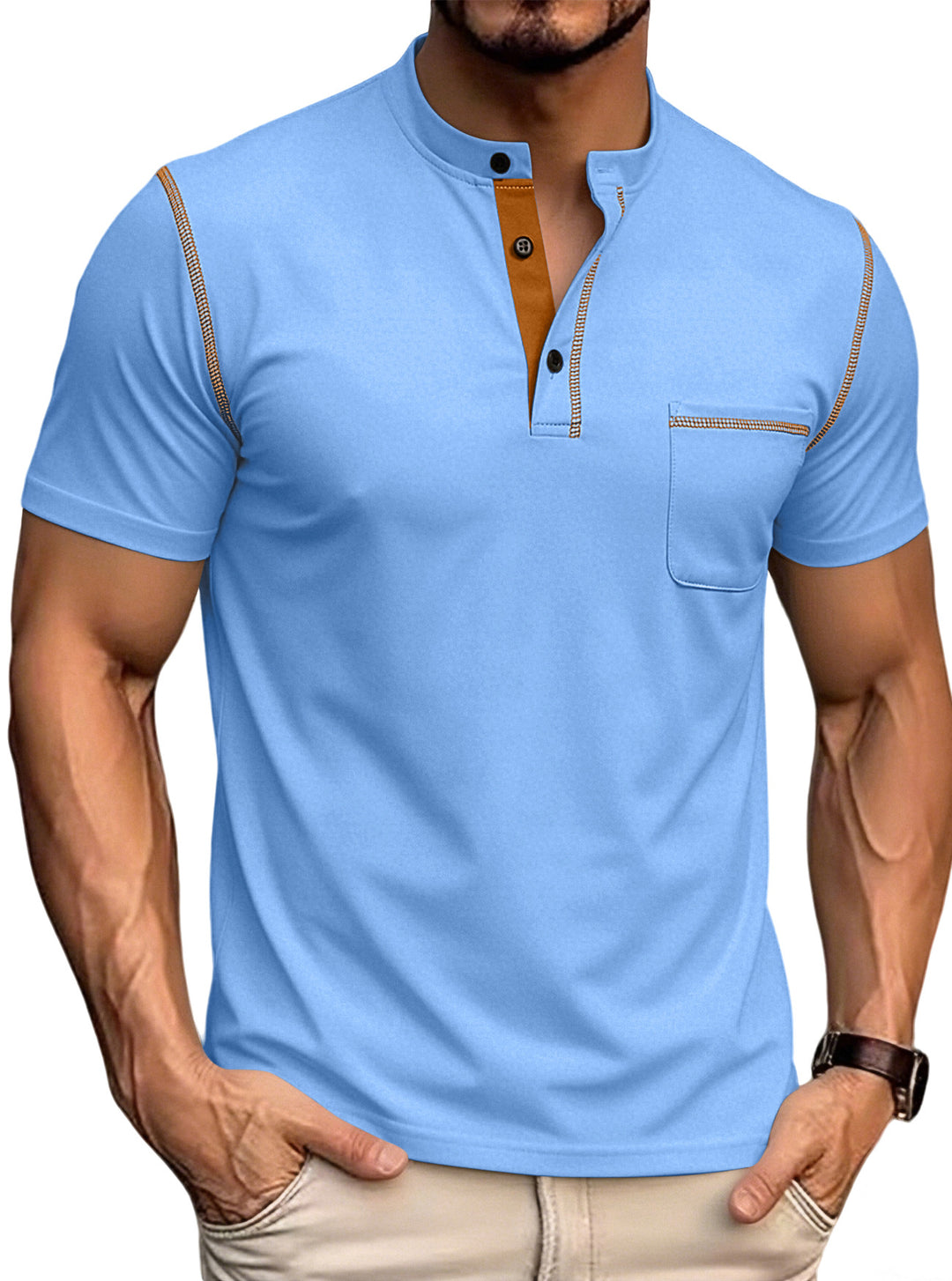 Herren nan kurzärmeliges Henley-Shirt mit Stehkragen, Brusttasche und kontrastierenden Ziernähten Drune
