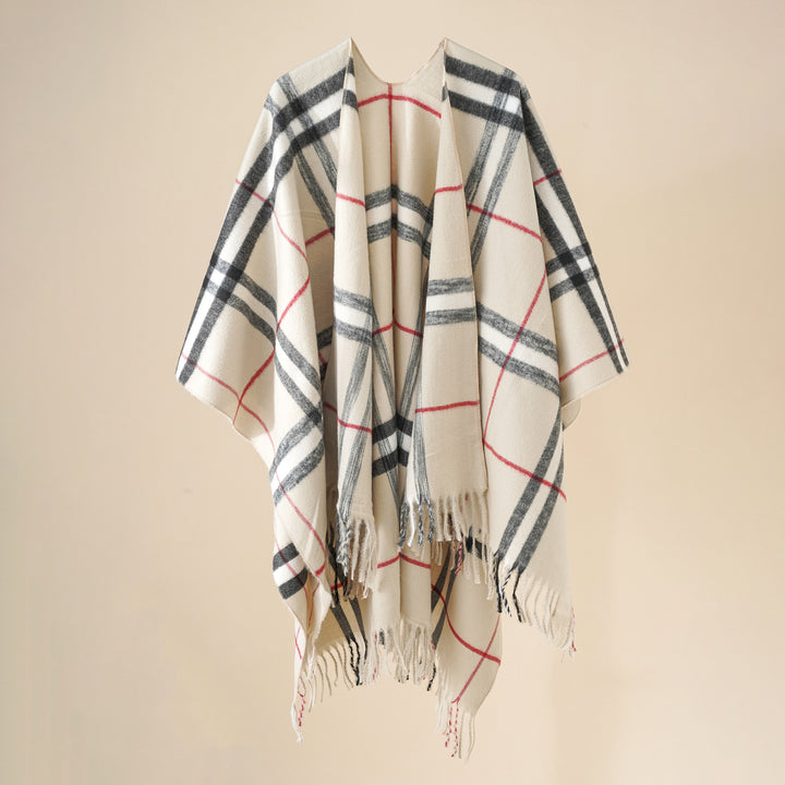 Damen Wollmix-Poncho mit Karomuster und Fransen Drune