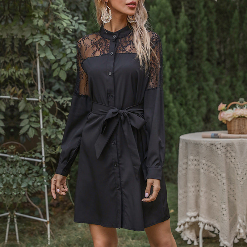 Damen Hemdblusenkleid mit Spitzenpassé, Taillengürtel und A-Linien-Schnitt Drune