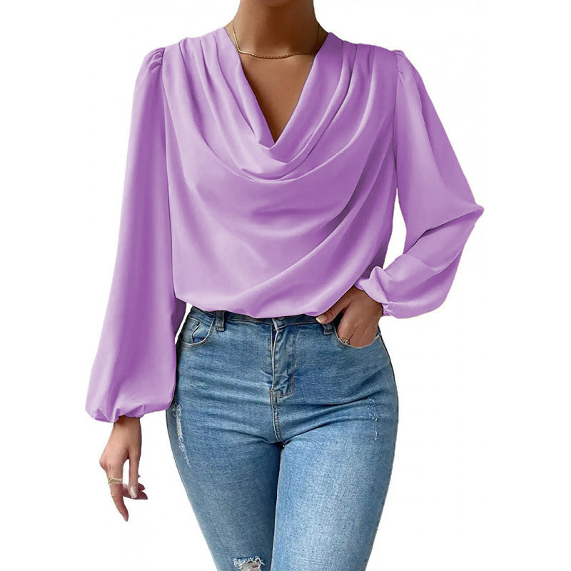 Damen elegante Bluse mit asymmetrischem Halsansatz und langen Ärmeln Drune