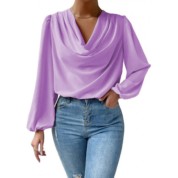 Damen elegante Bluse mit asymmetrischem Halsansatz und langen Ärmeln Drune