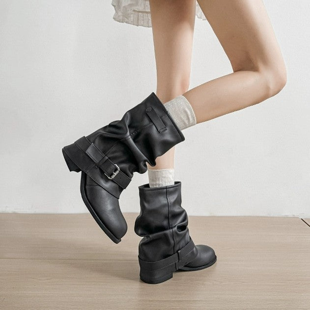 Damen Modische Stiefeletten mit lässigem Falten-Design und eleganter Schnallenverzierung Drune