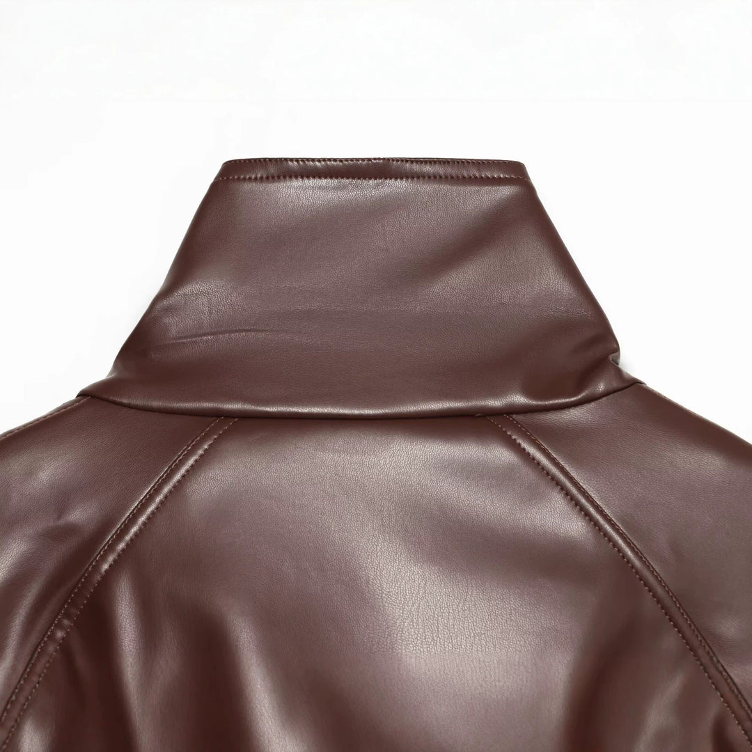 Damen Kurzer Trench‑Blouson in Lederoptik mit Taillengürtel, hohem Stehkragen und doppelter Knopfleiste Drune