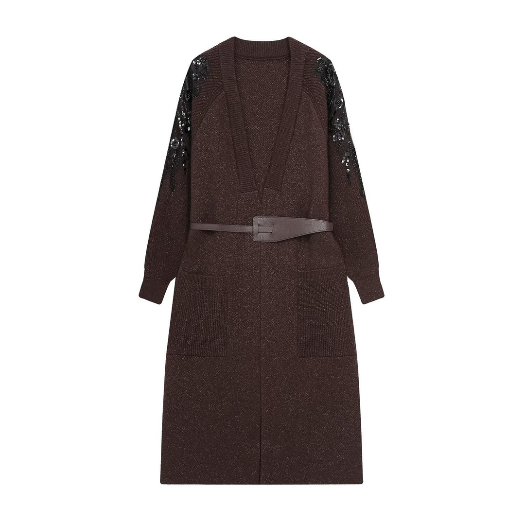 Damen Strick-Midikleid mit tiefem V-Ausschnitt, Taillengürtel und paillettenverzierten Ärmeln Drune