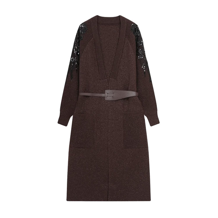 Damen Strick-Midikleid mit tiefem V-Ausschnitt, Taillengürtel und paillettenverzierten Ärmeln Drune
