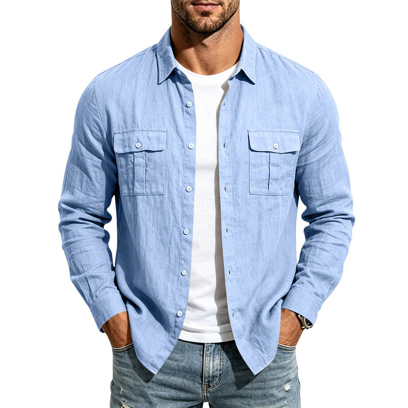 Herren lässiges Langarm-Leinenhemd mit Brusttaschen Drune