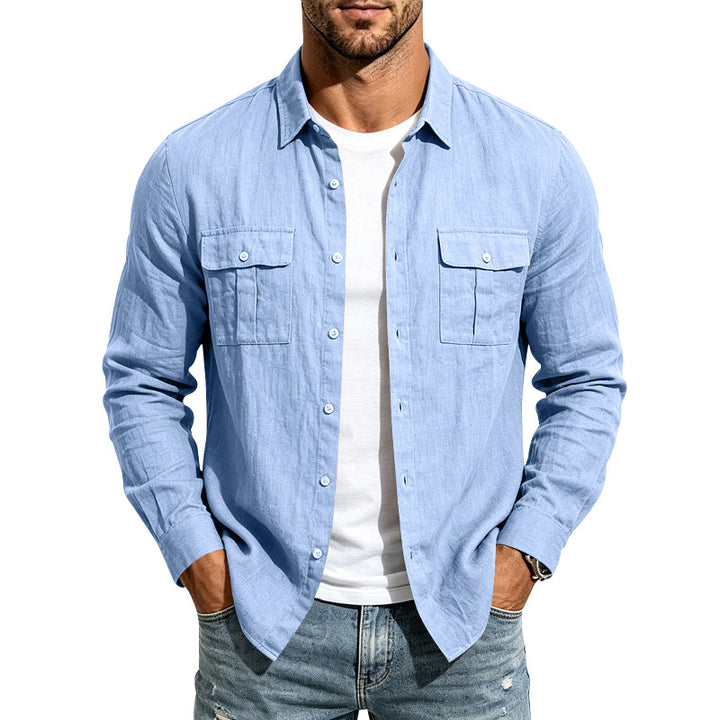 Herren lässiges Langarm-Leinenhemd mit Brusttaschen Drune
