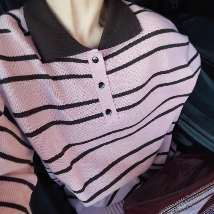Damen gestreifter Pullover mit Schalkragen und Knopfdetails Drune
