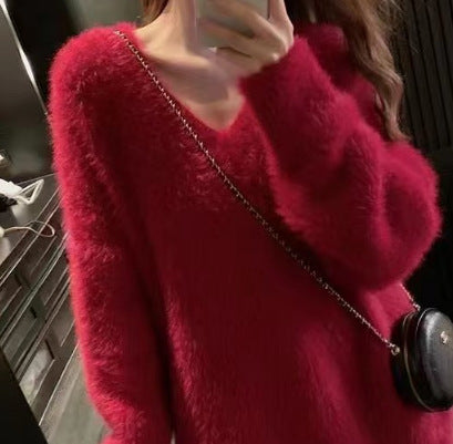 Damen Flauschiger V-Ausschnitt Pullover aus Mohair Drune