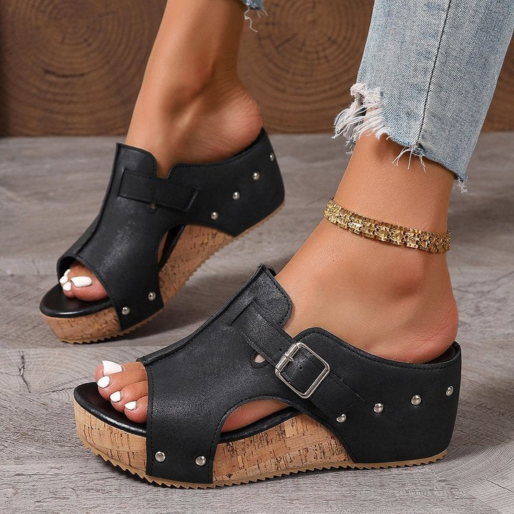 Damen modische Clogs mit verstellbarer Schnalle und korkähnlicher Sohle Drune