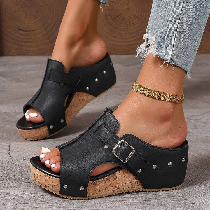 Damen modische Clogs mit verstellbarer Schnalle und korkähnlicher Sohle Drune