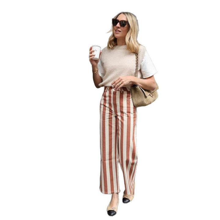 Damen Gestreifte High-Waist Leinenhose mit weitem Bein Drune