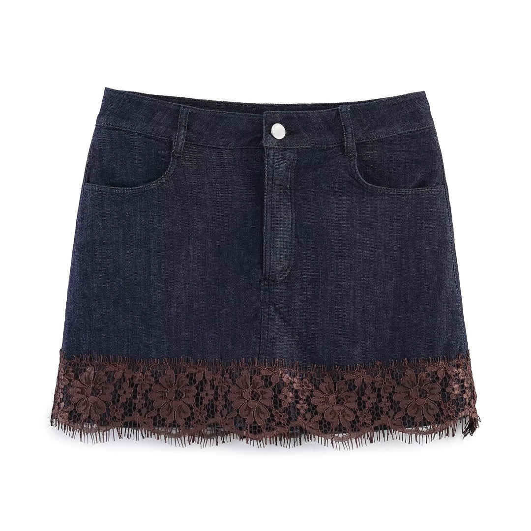 Damen Jeansrock mit eleganter Spitze und Knopfdetails Drune