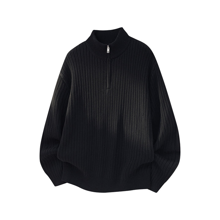 Unisex Weit geschnittener Rippenstrick-Pullover mit halbem Reißverschluss und Stehkragen Drune