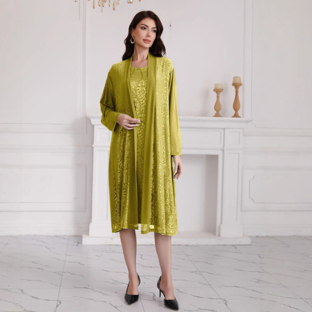 Damen Zweiteiliges Midikleid-Set mit floralem Jacquard-Overlay und offenem Mantel Drune