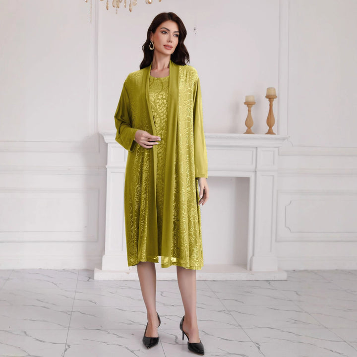 Damen Zweiteiliges Midikleid-Set mit floralem Jacquard-Overlay und offenem Mantel Drune