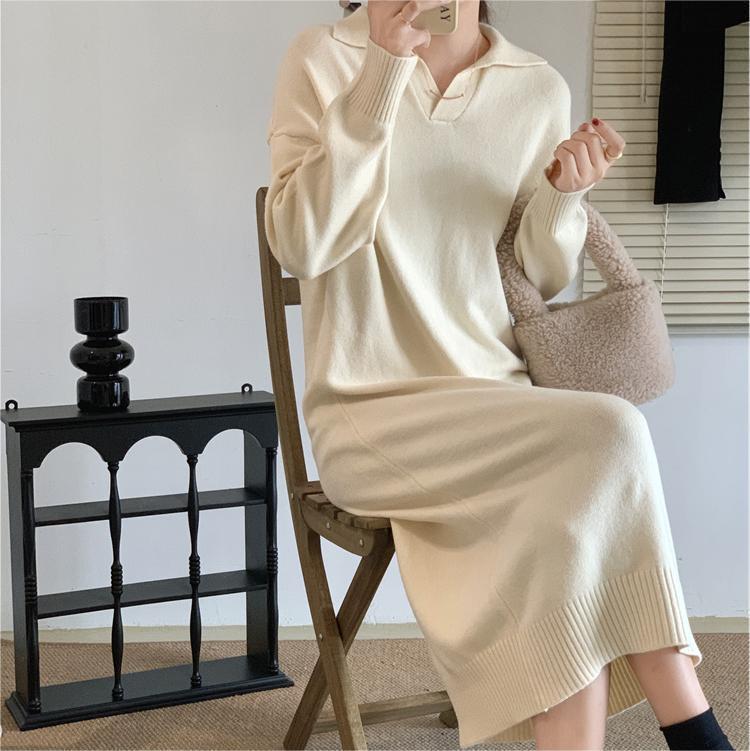 Damen Langarm Polo-Kleid aus weichem Strickmaterial Drune