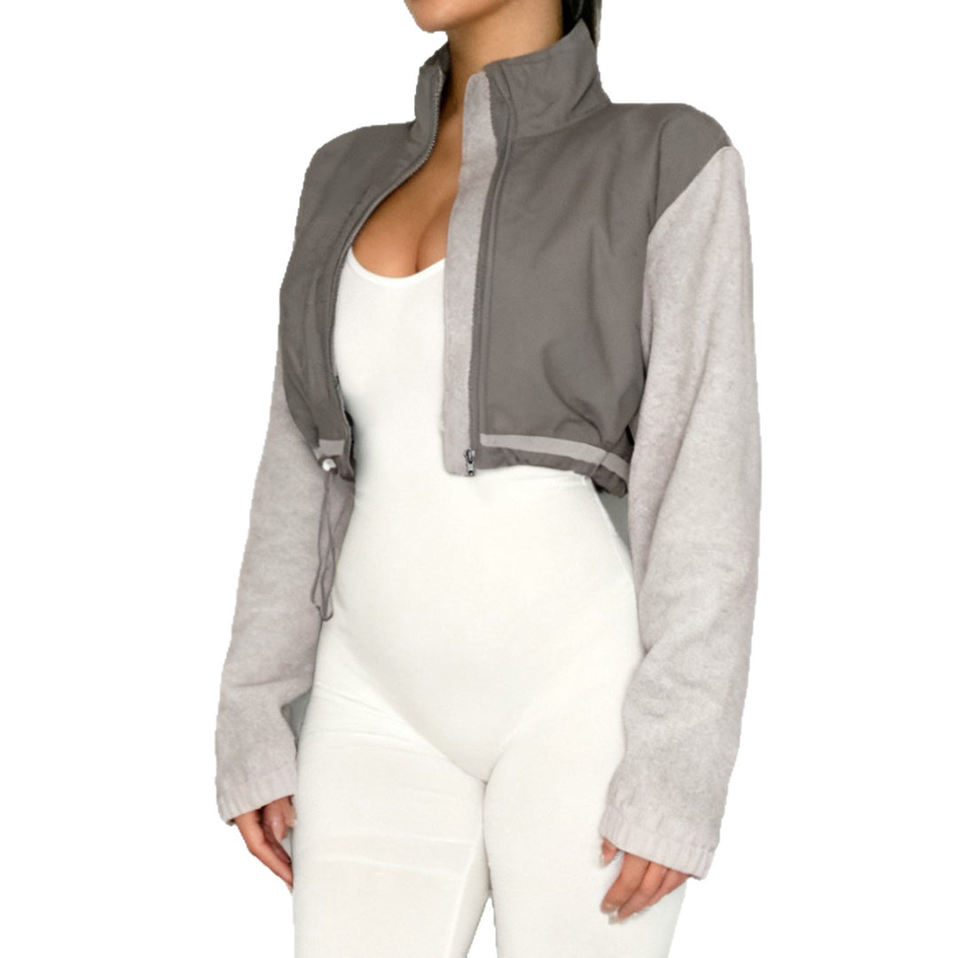Damen nan kurzes Fleece-Zipjacke mit Stehkragen, Tunnelzugsaum und Brusttasche Drune