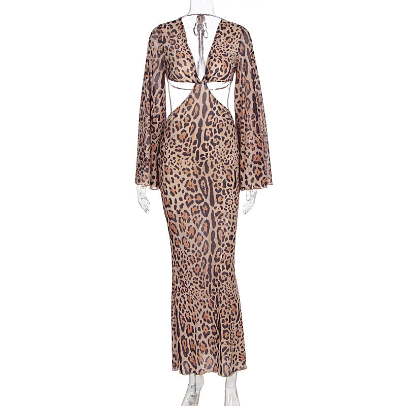 Damen Maxi-Kleid mit tiefem Rückenausschnitt und faszinierendem Animal-Print Drune