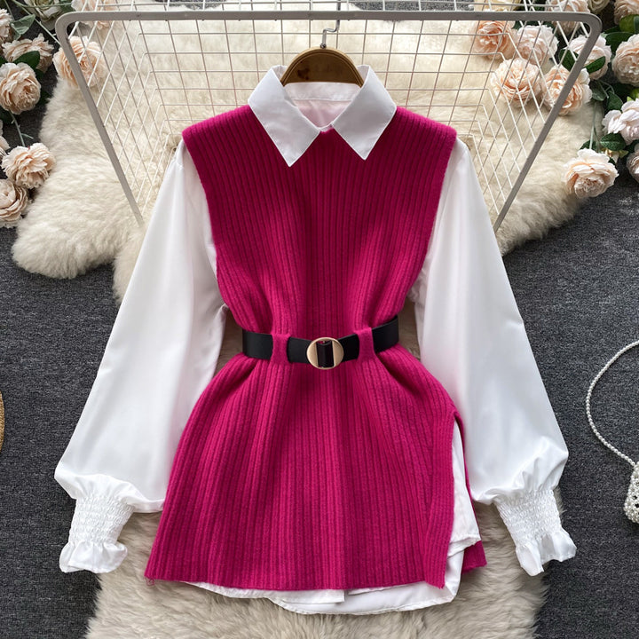 Damen Lagenlook-Bluse mit Rippstrick-Überwurf und Taillengürtel Drune