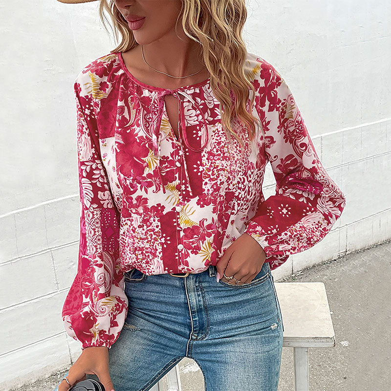 Damen Leichte Boho-Bluse mit Patchwork‑Print, Bindeschlitz und Ballonärmeln Drune