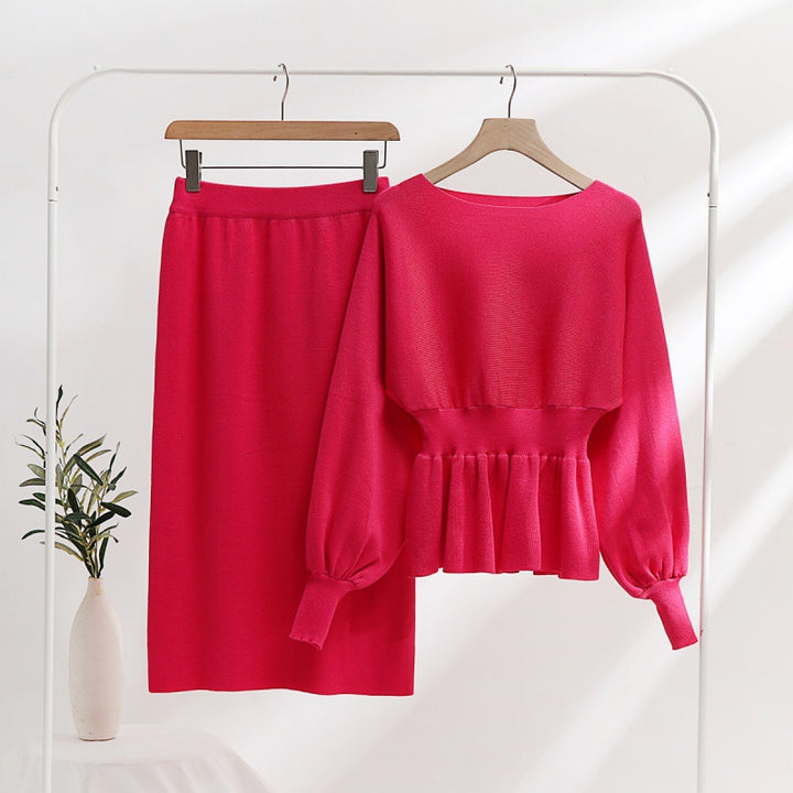 Damen elegantes Strickensemble mit Raffung und Ballonärmeln Drune