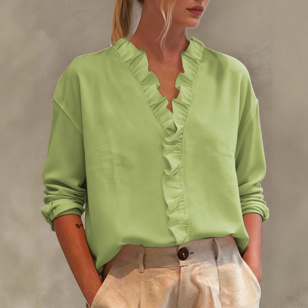 Damen Elegante V-Ausschnitt Bluse mit Volantbesatz und lockerem Oversize-Schnitt Drune
