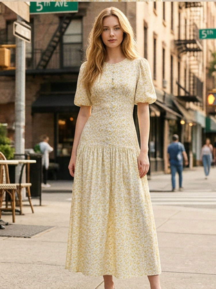 Damen Midikleid mit Puffärmeln, taillierter Silhouette und geknöpftem Mieder Drune