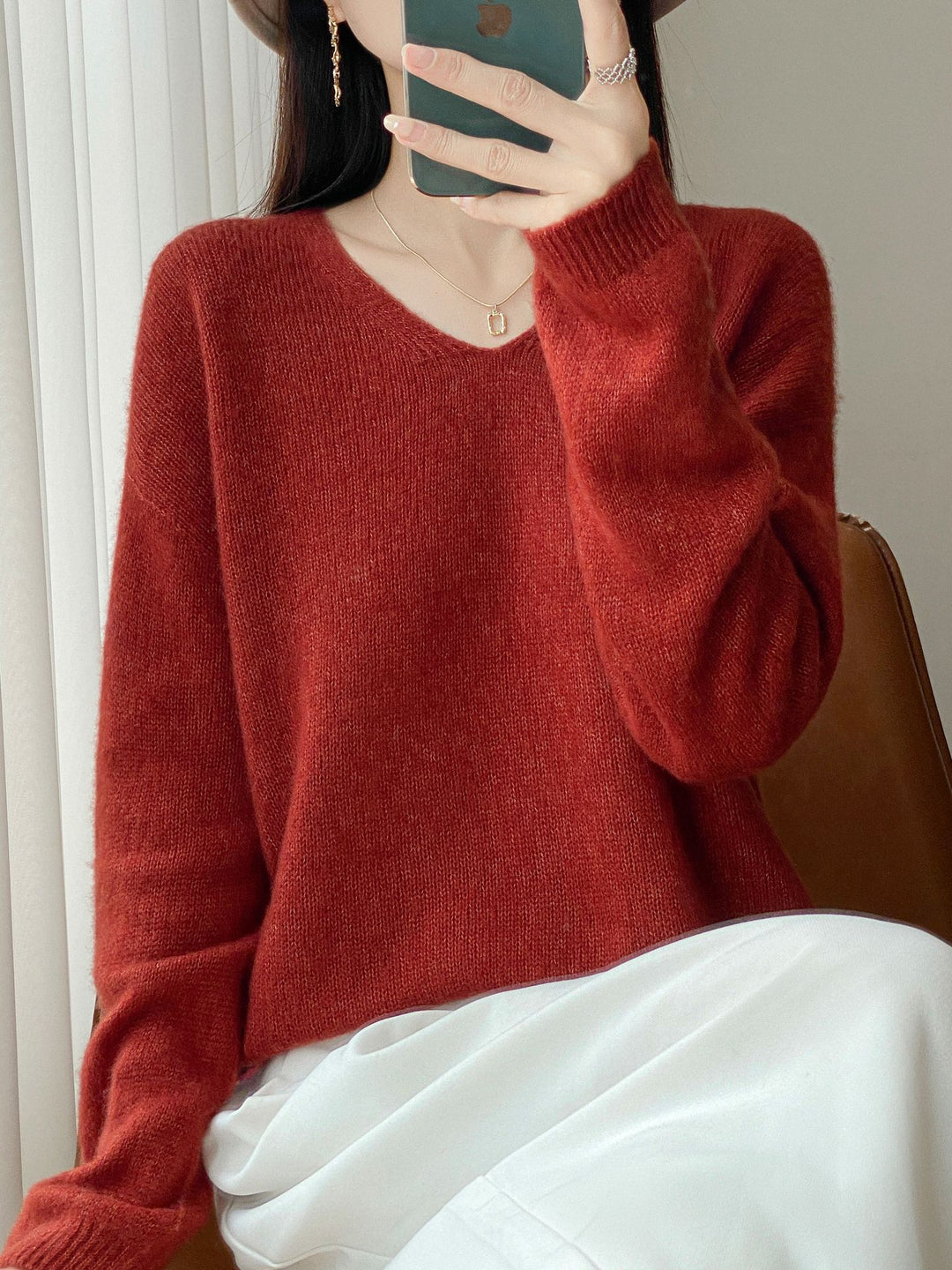 Damen Oversize-Feinstrickpullover mit feinem V-Ausschnitt und verlängertem Ärmelabschlusst Drune