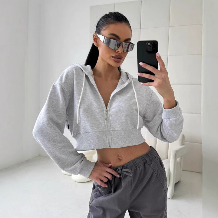 Damen Cropped Kapuzenjacke mit kurzem Reißverschluss und breitem Rippbund Drune