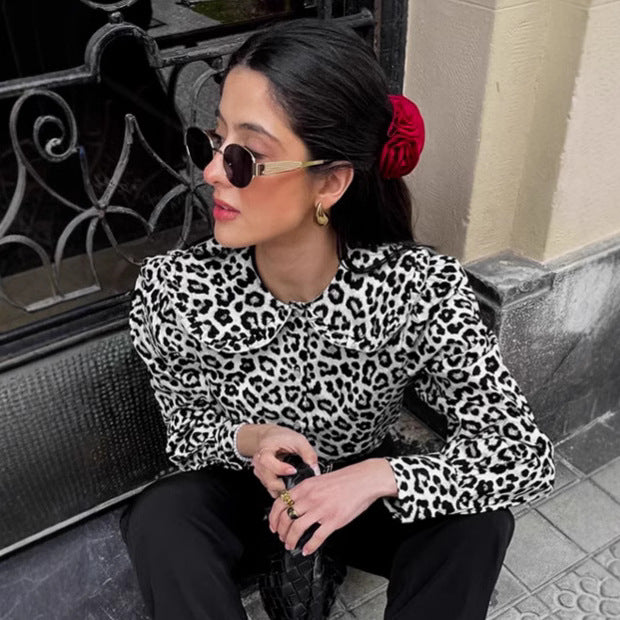 Damen Modische Bluse mit Leopardenmuster und voluminösen Ärmeln Drune