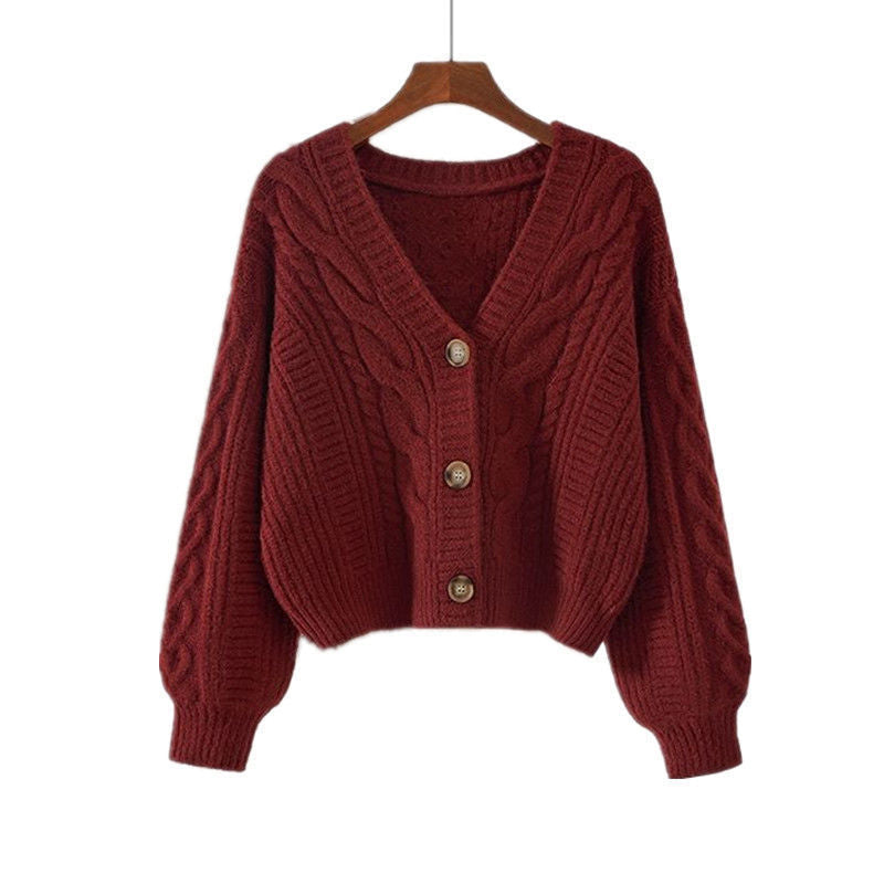 Damen Strickjacke mit ausgefallenem Zopfmuster und tiefem V-Ausschnitt Drune